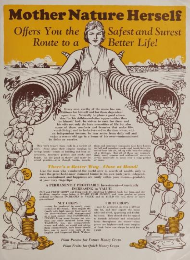 Plakat mit einer Frau in einem weißen Kleid, die eine Pfeife hält, und dem Text "Mother Nature Herself Offers You the Safest and Surest Route to a Better Life" auf einem hellblauen Hintergrund mit weißen Wolken, umrandet in Gelb.