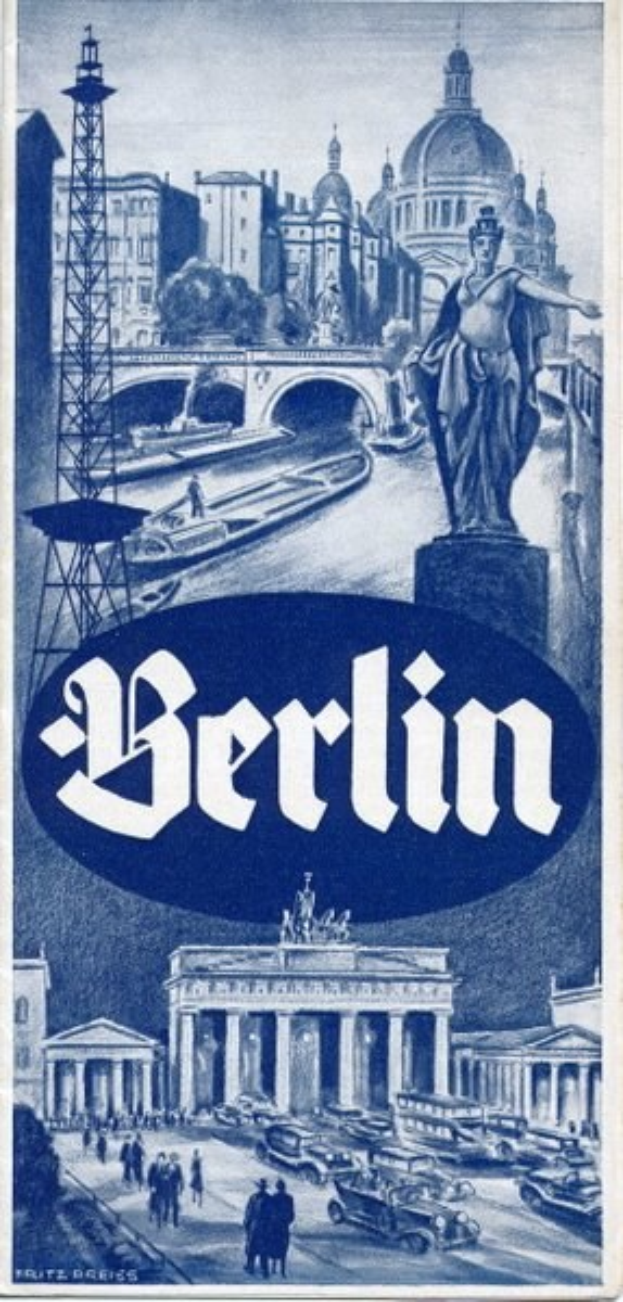 Plakat, das Berlin, Deutschland, mit einer Statue, Gebäuden, einem Turm, Menschen, Fahrzeugen auf der Straße, einer Brücke und Text mit Stadtinformationen bewirbt.