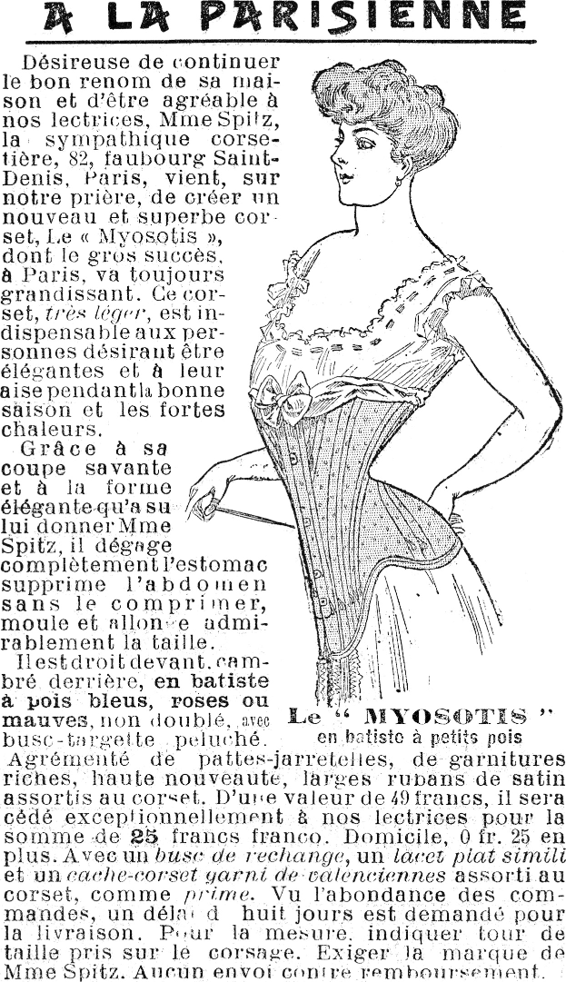 Eine selbstbewusste Frau in einem hellen, korsettierten Kleid mit hohem Ausschnitt und langen Ärmeln, die klassisch hochgesteckt ist, schwarze High Heels trägt und zur Seite schaut, mit dem Text "La Parisienne" sichtbar.