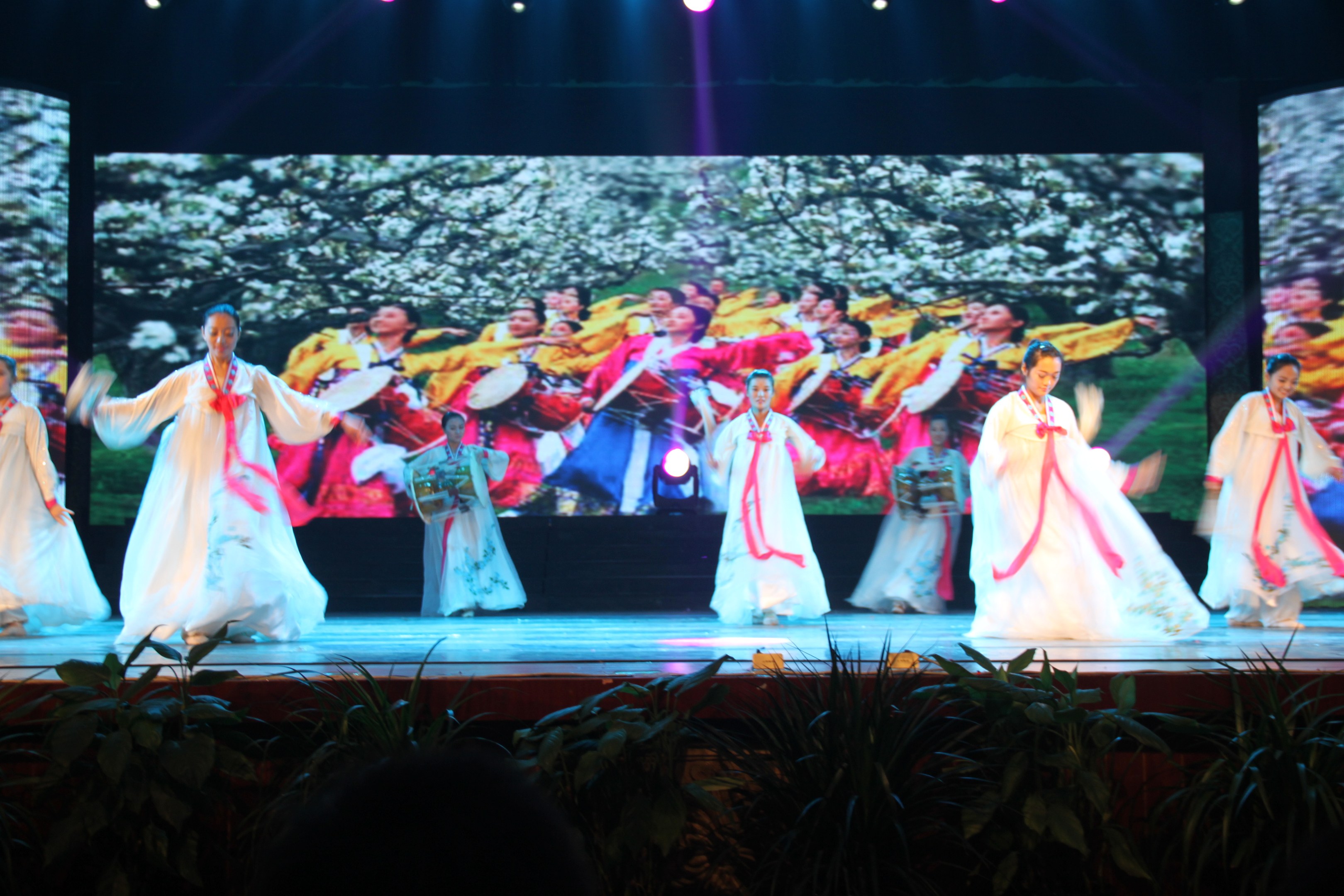 A group of people performing a traditional Korean dance on a stage with lighting and plants, with a large screen in the background.