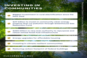 Plakat mit Bäumen und Himmel als Hintergrund, Text lautet "Investing in Communities: Biggest Investment in Rural Electricity Since the New Deal".