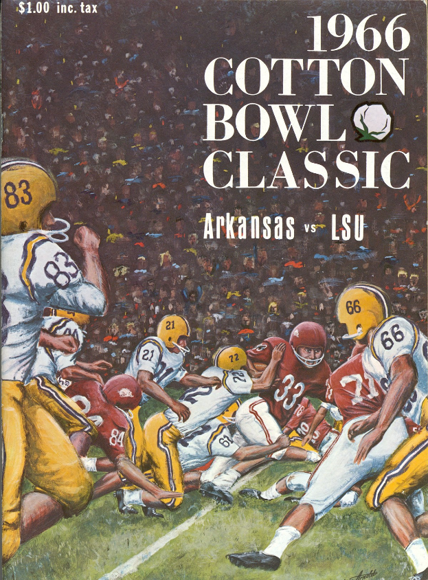 Buchumschlag mit einem Gemälde eines Football-Spiels zwischen Arkansas und LSU, betitelt "1966 Cotton Bowl Classic".