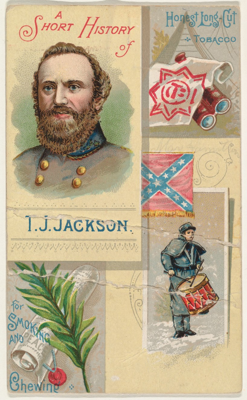 A poster titled "A Short History of T.J. Jackson" featuring a central portrait surrounded by images of leaves, a flag, and other objects.