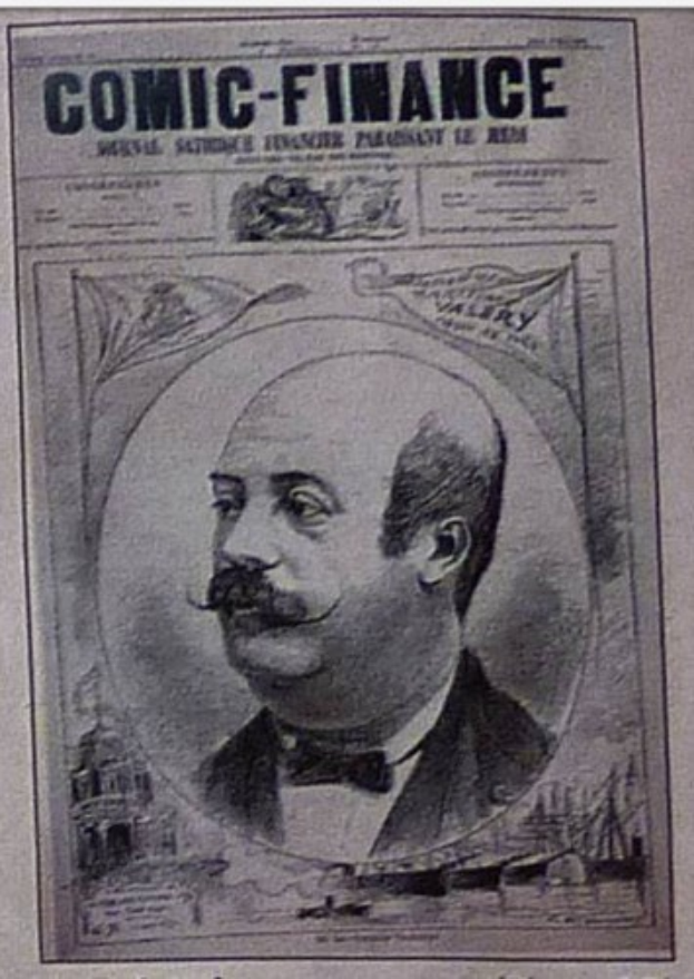 Ein ernster Mann mit einem Schnurrbart, der einen Anzug und eine Krawatte trägt, schaut konzentriert von der Titelseite eines Comics mit dem Titel 'Comic Finance'.