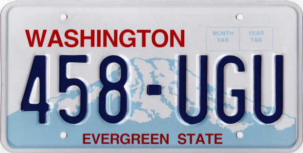 Washington-Kennzeichen mit 'Evergreen State'-Text, weißem Hintergrund, schwarzer Schrift und Nummern.