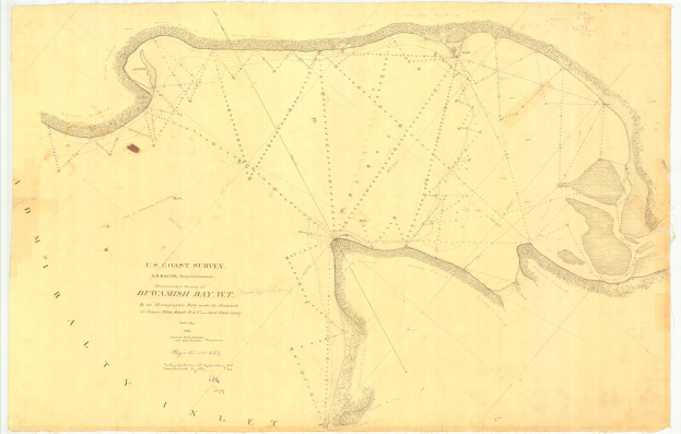 Detailierte Papierkarte des Golfs von Mexiko mit umliegenden geografischen Merkmalen und handgeschriebenen Text zur Bezeichnung von Städten, Dörfern und Ortschaften.