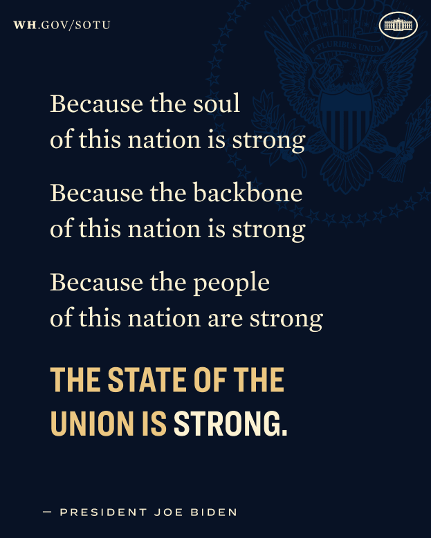 Ein Plakat mit einem Schild-Logo mit einem Stern, einem Lorbeerkranz und einem Banner mit der Aufschrift "Die Vereinigten Staaten von Amerika" sowie Text, der "The State of the Union is Strong" - Präsident Joe Biden.