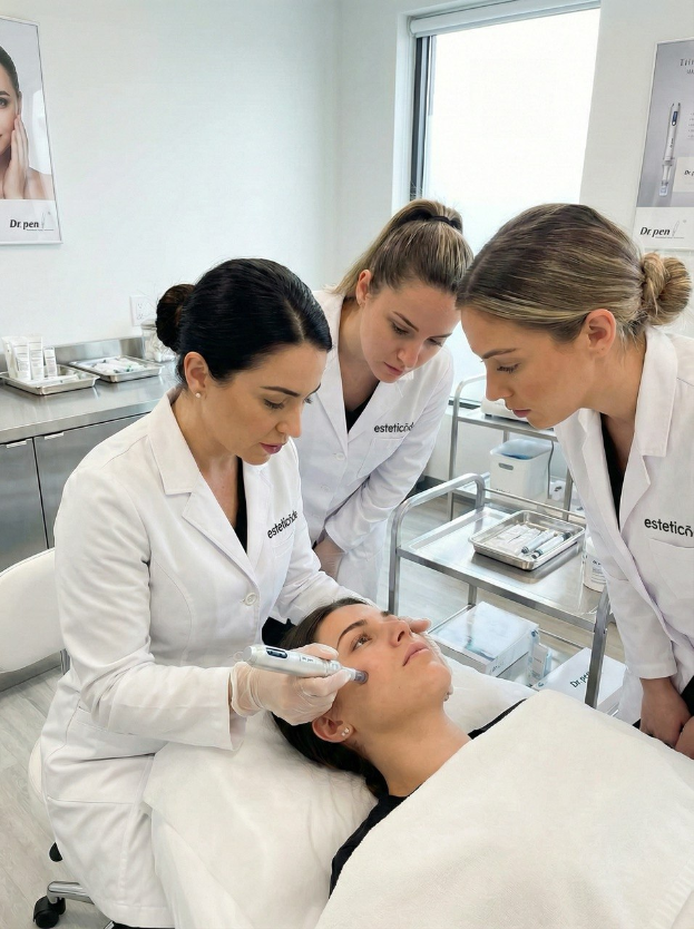 Eine moderne, minimalistische Ästhetikpraxis: Drei Kosmetikexpertinnen in weißen Kitteln führen konzentriert eine professionelle Gesichtsbehandlung bei einer entspannten Kundin durch. Die Szene vermittelt Präzision, Fachkompetenz und den Einsatz fortschrittlicher Hautpflege-Technologien in einer ruhigen, klinisch sauberen Umgebung.