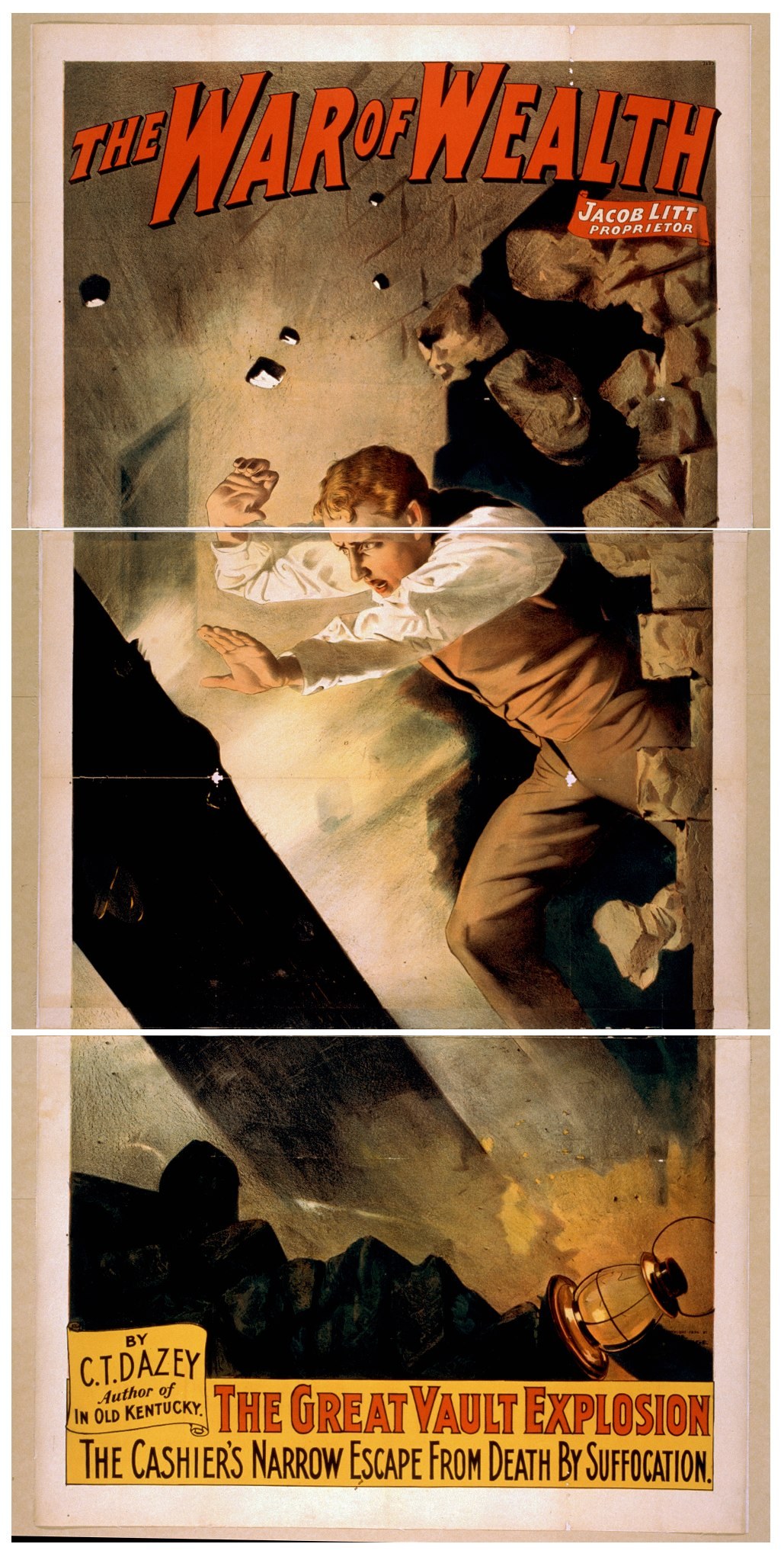 Ein Plakat mit der Aufschrift 'The War of Wealth: The Great Vault Explosion', das eine Person in einem langen dunklen Mantel und Hut zeigt, die heldenhaft mit ausgebreiteten Armen vor einem dunklen blauen Nachthimmel mit Sternen steht.