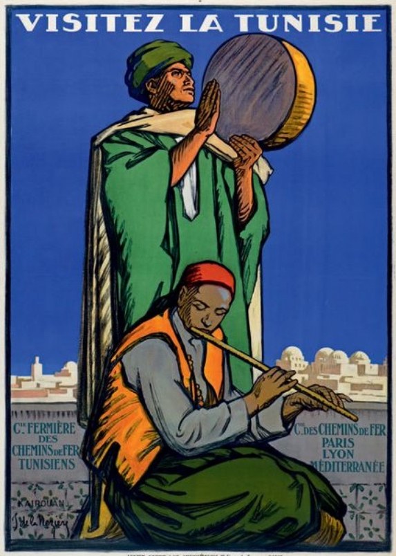 Poster for a Tunisian travel agency featuring two people playing musical instruments with text providing agency information.