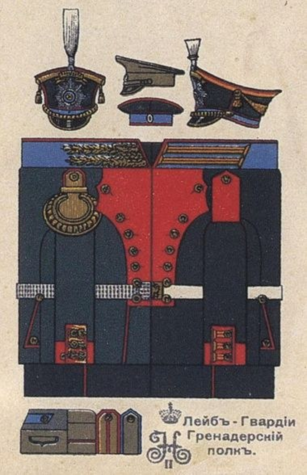 Eine russische Militäruniform aus dem 19. Jahrhundert mit einem tiefblauen Mantel mit goldenen Akzenten und mehreren Mützen in Rot, Weiß und Blau, die auf einer Karte mit der Aufschrift "Russische Militäruniform" gezeigt wird.