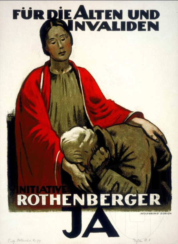 Deutsches Propagandaplakat 'Rothenberger JA' mit einer Frau, die ein Baby hält, und Textinformationen zum Projekt.