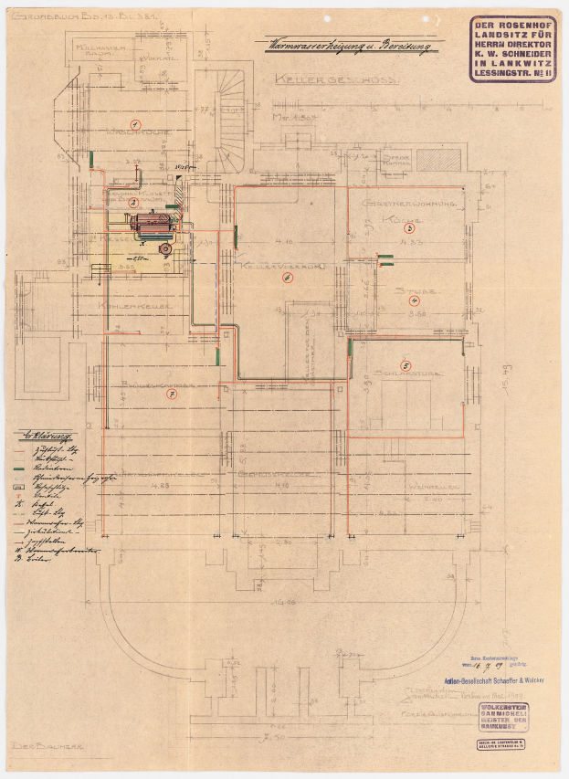 Schwarz-weißer Architekturplan des Rosenhof Hospitals in Hamburg, Deutschland, der detaillierte Layout mit zahlreichen Drähten und beschriftete Räume, Flure und Merkmale auf altem Papier zeigt.