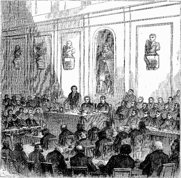 Schwarze und weiße Zeichnung eines Gerichtssaals mit sitzenden Personen auf Stühlen und stehenden Figuren im Hintergrund, beschriftet mit "Court of Appeal" unten.