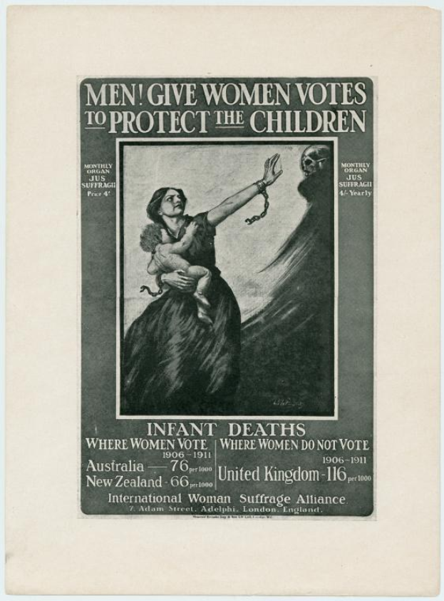 Ein schwarzes und weißes Plakat mit einer Frau in einem weißen Kleid, die ein Baby hält, mit dem Text "Männer geben Frauen Stimmen, um die Kinder zu schützen" oben.