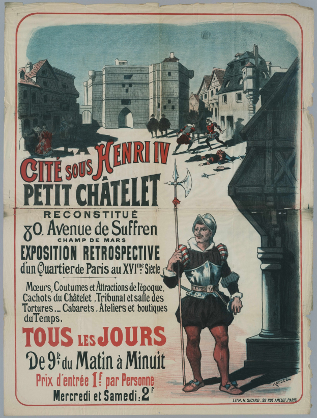 Plakat, das ein Festival in Paris, Frankreich, bewirbt, mit einer Person, die einen Stock hält, umgeben von Gebäuden, Menschen und Himmel, mit Text, der Festivalinformationen enthält.