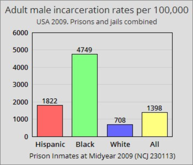 Balkendiagramm, das die Inhaftierungsrate von erwachsenen M├Ąnnern pro 100.000 in den Vereinigten Staaten zeigt, mit verschiedenen Balkenh├Âhen, die verschiedene Raten darstellen.