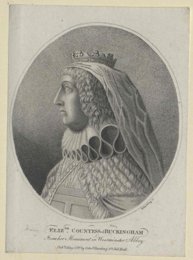 Schwarz-weißes Gravurporträt von Elizabeth, Countess of Buckingham, aus ihrem Westminster Abbey-Monument, die eine Krone trägt und ernst schaut, mit Text unten.