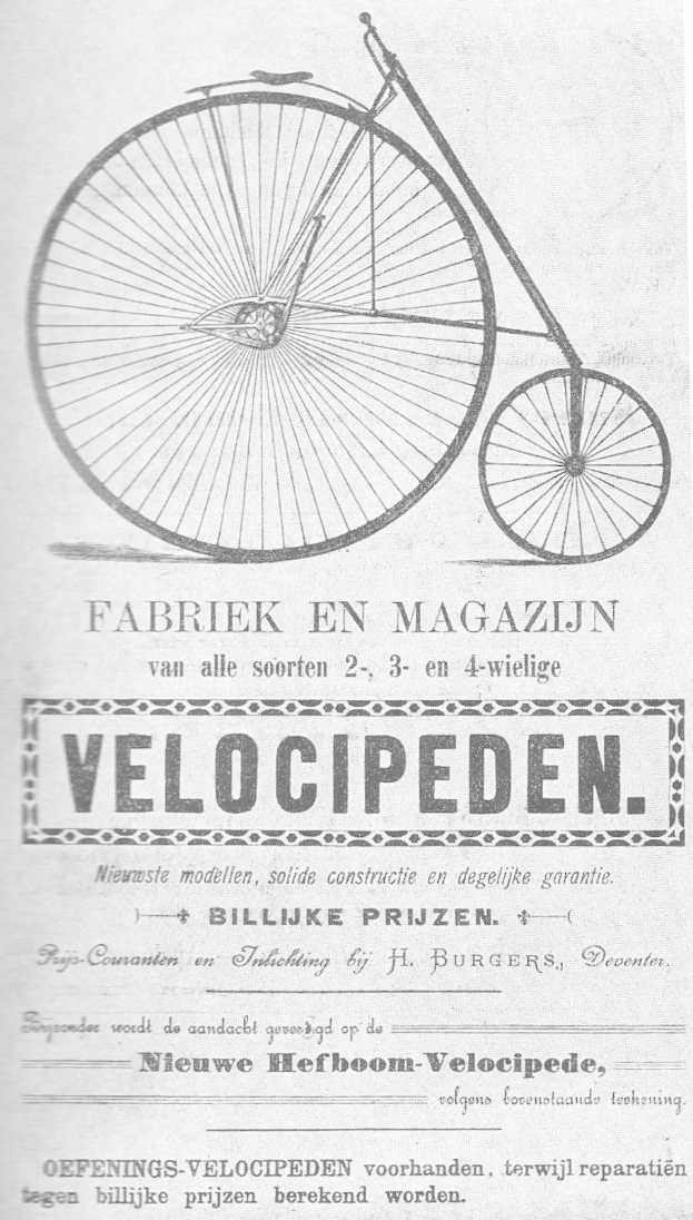 Advertisement poster for a large-wheeled velocipede bicycle with descriptive text.