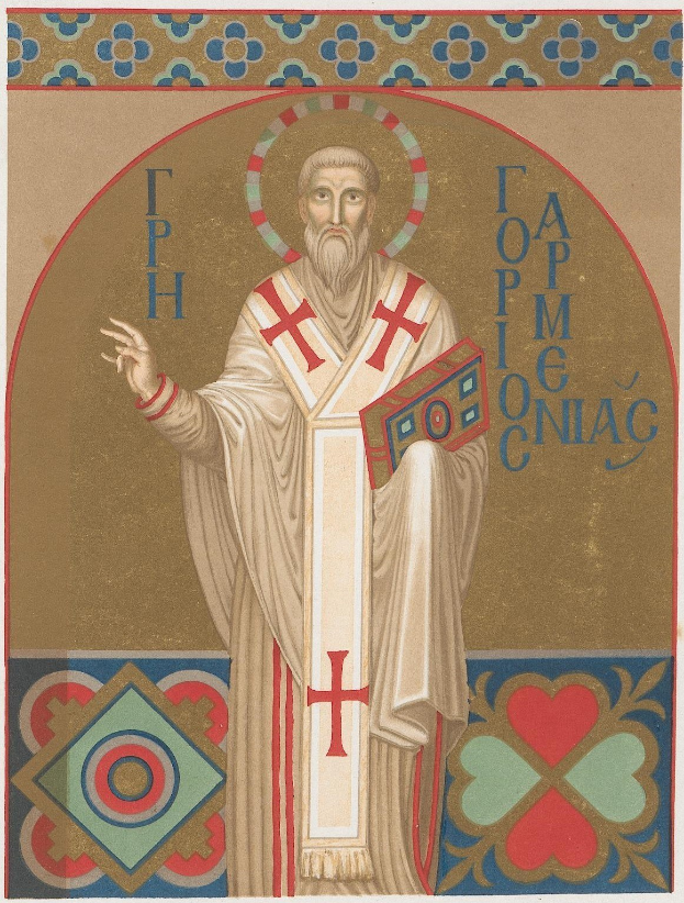 Ikonographie des heiligen Petrus in weißer Robe mit einem Heiligenschein, der ein Buch hält, die Hände zum Gebet gefaltet, vor einem tiefblauen sternenklaren Hintergrund mit einem zunehmenden Mond.