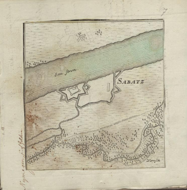 Old book with a detailed map of Sabatz, Germany, showing streets, buildings, and landmarks, accompanied by text about the city's population, history, and culture.