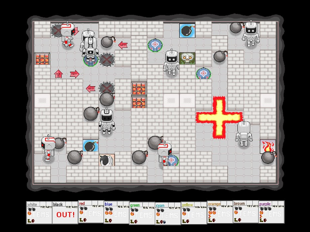 Ein Screenshot aus dem Spiel 'Kiss Wind' mit einem roten Kreuz in der Mitte, umgeben von Robotern und anderen Objekten, mit Spielinformationen am unteren Rand.