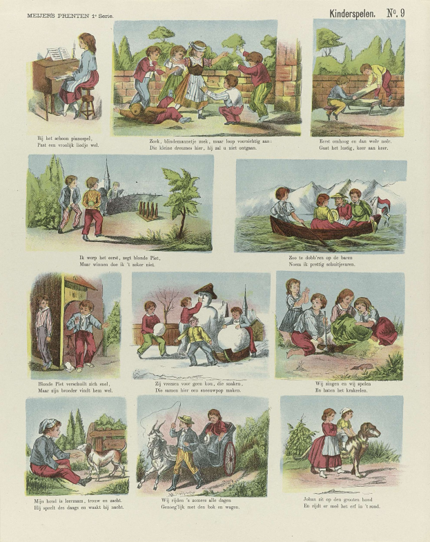 Illustrationen von Kindern, die in einem Park spielen, einschließlich Menschen, Tieren, Bäumen und Text auf einer Buchseite.