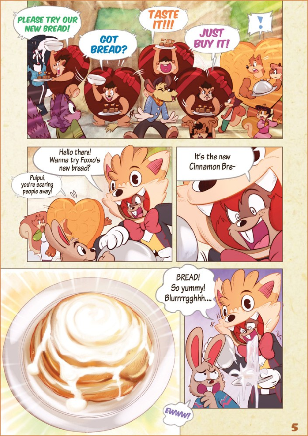 Ein Plakat mit Cartoon-Bildern und Text neben einer Comic-Seite mit einem dampfenden Kaffeebecher und einem Teller mit buntem Essen; der Plakat-Text lautet "Kaffee".