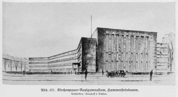 Black and white drawing of a building with a car parked in front, surrounded by trees and people, with text at the bottom reading "Ritchenpauer-Realynmajum, Sammerfeinbahn, Berlin, Germany".