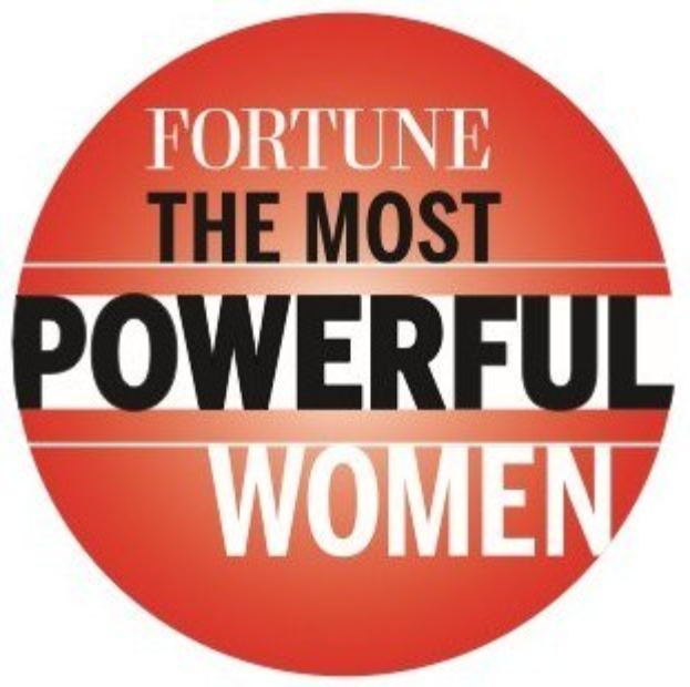 Poster with bold black text "fortune the most powerful women" on a white background, framed by a black border, featuring a colorful illustration of a woman in a yellow dress with arms outstretched and a determined expression.