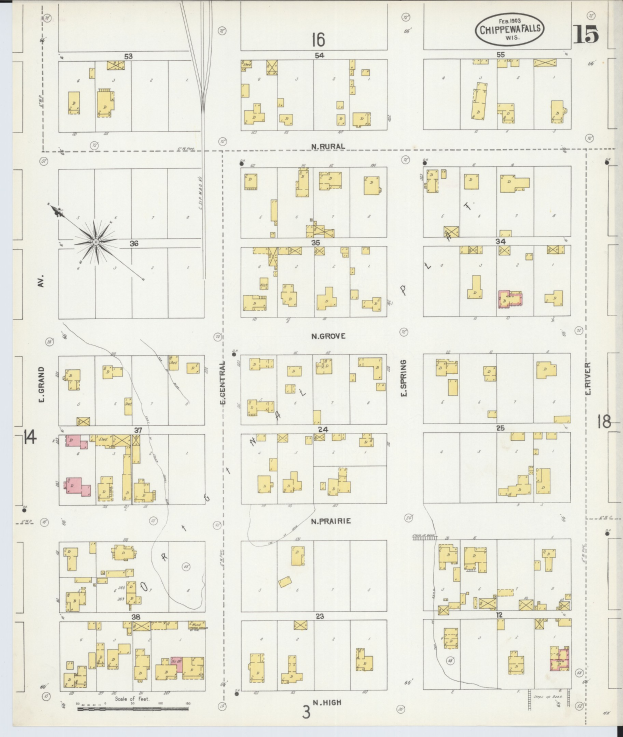 Alte Karte von Sacramento, Kalifornien, die den Chippewa Falls Bereich hervorhebt mit gedrucktem Text und Zahlen.