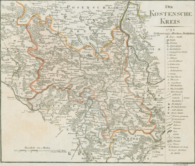 Old map of the Kostensche Kreis region of Germany with geographical features and descriptive text.