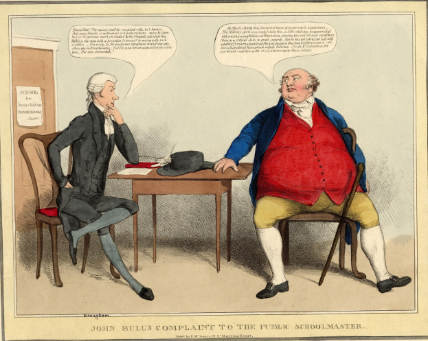 John Bull sitzt an einem Tisch mit Papieren und einem Hut, einem anderen Menschen gegenûer, mit einer Tür und einem Papier an der Wand im Hintergrund.