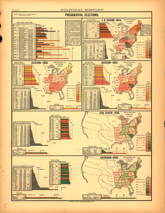Altes Buch mit einer detaillierten Karte der Vereinigten Staaten von Amerika auf dem Cover, das Graphiken und Text über die Ergebnisse der Präsidentenwahl enthält.