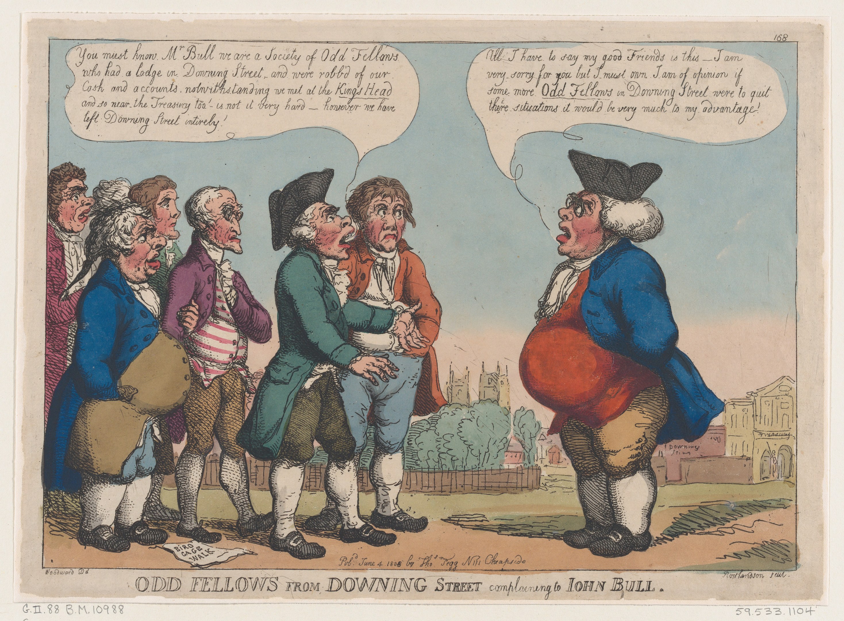Cartoon, das eine Gruppe von Menschen vor einem Gebäude, Bäumen und einem Himmel zeigt, mit Text unten, der "odd fellows from downing street complaining to John Bull" lautet.