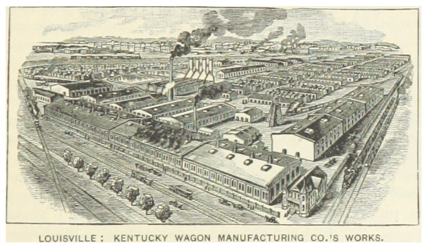 Plakat der Louisville, Kentucky Wagon Manufacturing Co., das Gebäude, Fahrzeuge und Rauch im Hintergrund zeigt, mit Text unten.