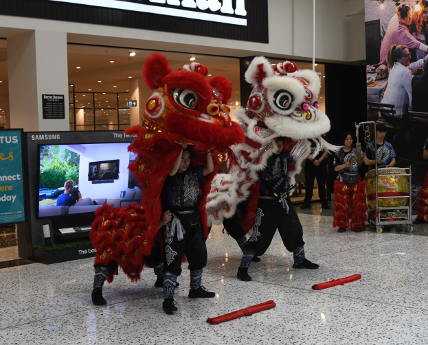 Eine Gruppe von Menschen in Löwen-Tanz-Kostümen performs vor einem hell erleuchteten Geschäft während des chinesischen Neujahrs, mit roten Dekorationen auf dem Boden, einem Banner auf der rechten Seite und einem Bildschirm im Hintergrund.