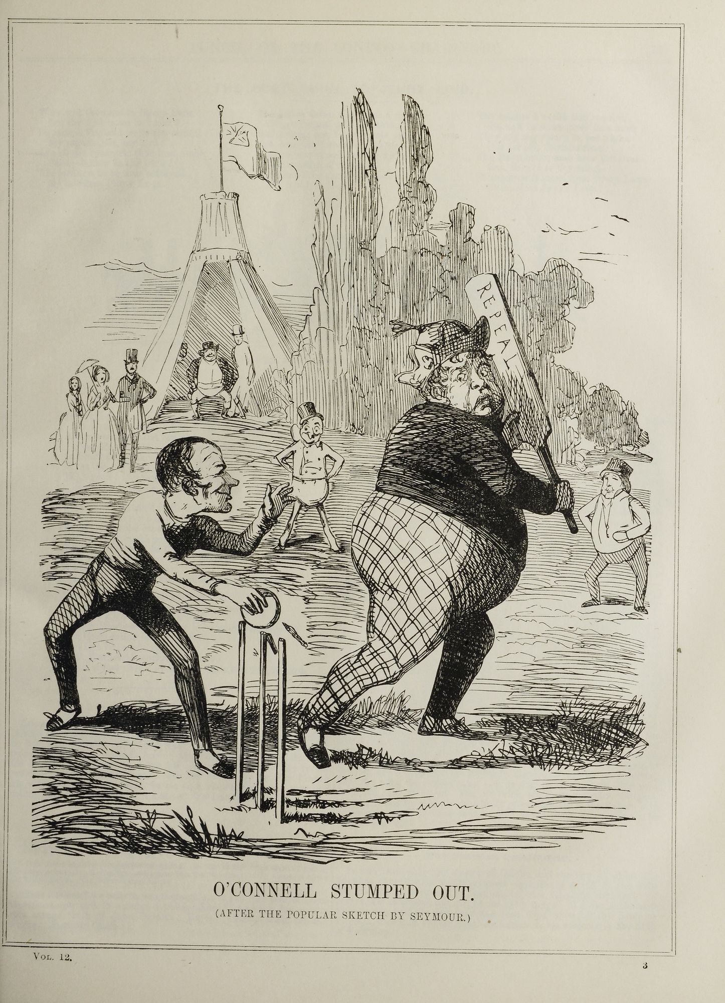 Eine handgezeichnete Skizze auf Papier, die zwei Menschen beim Cricketspielen zeigt, wobei einer einen Schläger und der andere einen Ball hält, vor ihm Wickets und im Hintergrund Menschen, ein Zelt und eine Flagge, mit der Beschriftung "O'Connell Stumped Out" darunter.