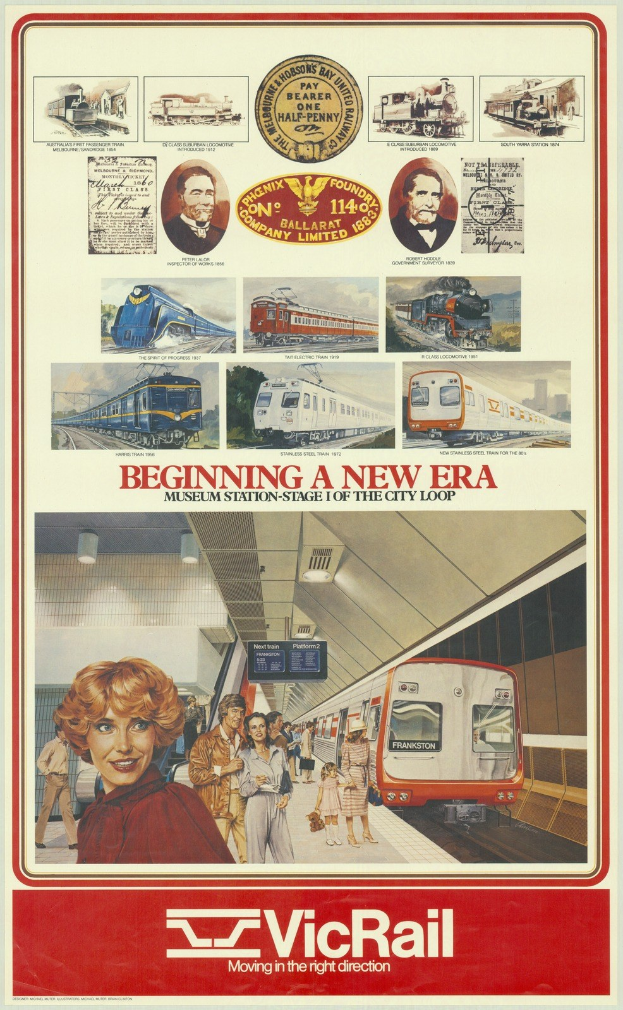 Ein Plakat mit einer Frau mit warmem Lächeln und zurückgebundenem Haar, umgeben von Bildern von buntfarbenen Zügen, lächelnden Menschen und dem Text 'Vicrail - Beginn einer neuen Ära.'