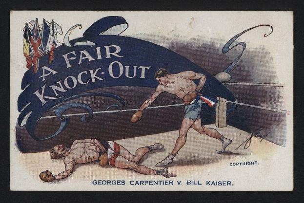 Plakat mit dem Titel "Ein fairer K. o. " mit einer Malerei von zwei Boxern im Ring, einer davon schlägt zu, vor einem hellgelben Hintergrund mit fetter schwarzer Schrift.