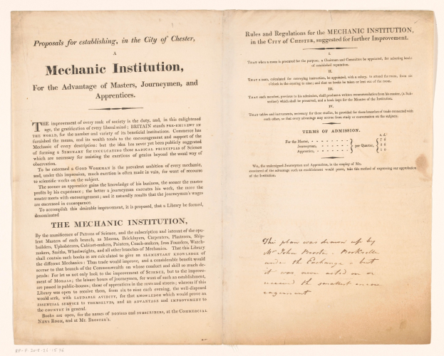Open book titled "Mechanic Institution, for the Advantage of Masters, Journeymen, and Apprenticeships," likely a proposal for establishing a mechanical institution.