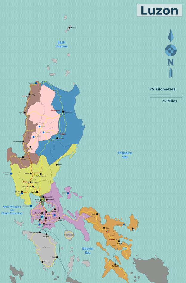 Eine farbenfrohe politische Karte von Luzon, Philippinen, die wichtige Städte, Flüsse und geografische Merkmale mit Beschriftungen zeigt.