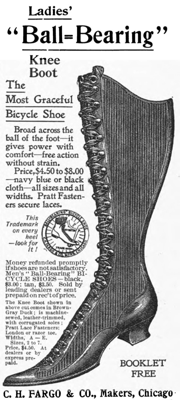 Anzeige für ein Paar Damen-Ballbearing-Knie-Stiefel, mit einem Bild des Stiefels in der Mitte und umgebendem Text.