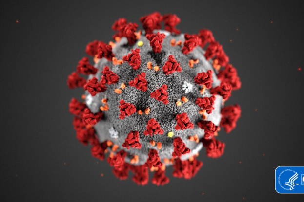 Red coronavirus on a black background with a logo in the bottom right corner.