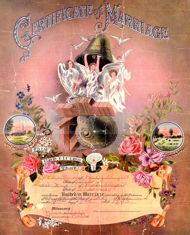 Hochzeitsurkunde mit einem Mann und einer Frau, verziert mit floralen, vogel- und pflanzlichen Illustrationen.