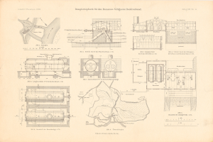 Detailliertes technisches Zeichnung eines Zuges auf dem Cover eines alten Buches, mit beschrifteten Komponenten einschließlich Motor und Getriebe.