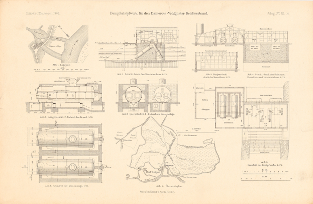 Detailliertes technisches Zeichnung eines Zuges auf dem Cover eines alten Buches, mit beschrifteten Komponenten einschließlich Motor und Getriebe.