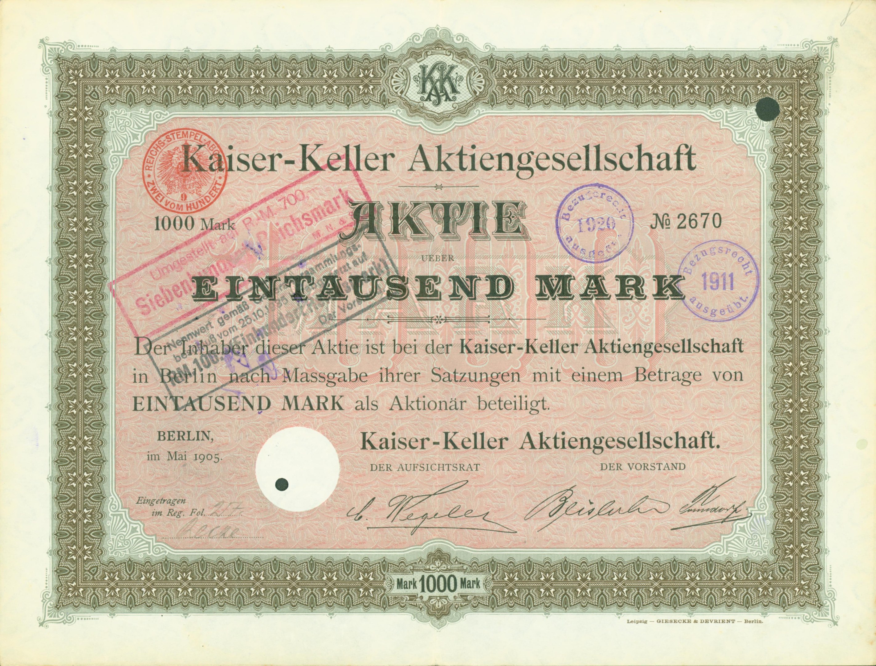 Altes deutsches Aktienzertifikat der Kaiser-Keller Aktiengesellschaft mit gedrucktem Text und offiziellen Stempeln.