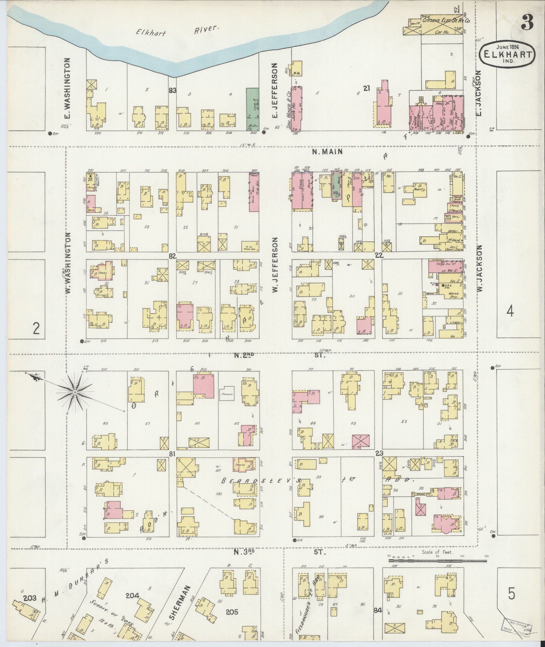 Detailiertes altes Stadtplan von San Francisco, Kalifornien, mit Gebäuden, Straßen, Parks und Sehenswürdigkeiten, neben einem kleineren Stadtplan von Elkhart, Indiana mit beschreibendem Text.