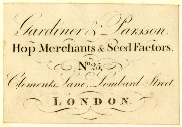 Schwarze und weiße Geschäftskarte für Gardner & Parsons, Hop Merchant & Seed Factors, Located at No. 25, Elements Lane, Lombard Street, London.